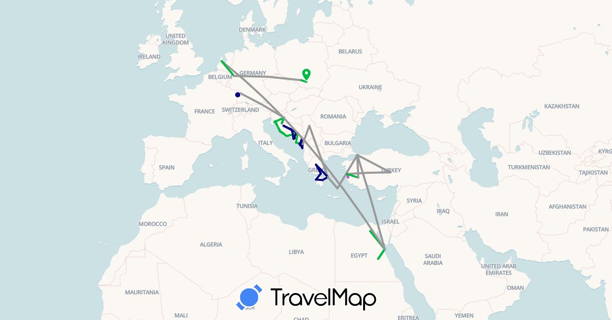 TravelMap itinerary: driving, bus, plane, train in Bosnia and Herzegovina, Germany, Egypt, France, Greece, Croatia, Montenegro, Netherlands, Poland, Serbia, Turkey (Africa, Asia, Europe)